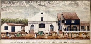 セイロン島のコロンボ、ウェスリアン ミッション ハウスの南側ビュー、建てられたアンノ ドミニ 1816、1816 年頃（水彩） 作： P. van Houten