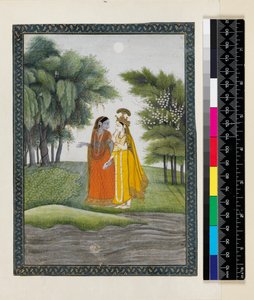 「バガヴァタプラーナ」、カングラ、ヒマーチャルプラデーシュ州、1820年頃から、月光の中でジュムナのそばを着て着替えたクリシュナとラダ 作： Pahari School