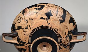 紀元前490年頃のトロイア戦争の場面を描いた屋根裏部屋の赤像杯の詳細（陶器）（内部については92562と211797参照 作： Painter Brygos
