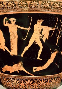 ニオビッドの死、アッティカ赤像式萼クラテルの詳細、紀元前 450 年頃（陶器）（19106 年の詳細、92576 も参照） 作： Painter Niobid