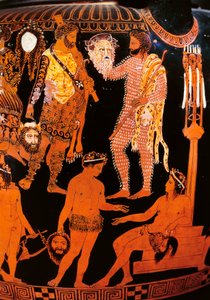 仮面をつけた役者がいる赤像のヴォリュート・クラテル、ルヴォ出土、前410年頃（陶製 作： Painter Pronomos