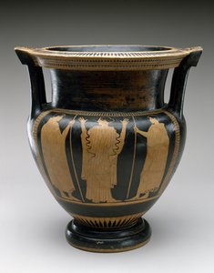 紀元前480〜460年の女性と2人の若者のシーンを描いた赤像式クラテール（テラコッタ）