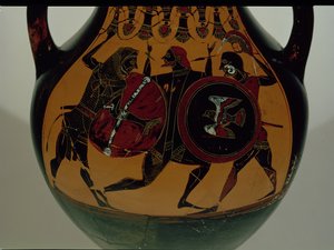 ライオンの皮膚に身を包んだヘラクレスがキクノスと戦っているシーンで飾られた屋根裏の黒像式アンフォラ、紀元前540年頃（セラミック） 作： Painter of Berlin