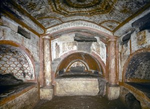 初期キリスト教美術：ドミティラの地下墓地。オルフェウスの立方体、3世紀半ば（フレスコ画） 作： Paleo Christian