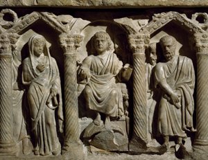 初期キリスト教時代の石棺（祝福されたジレスの石棺とも呼ばれる）、大理石、イタリア、詳細、ウンブリア、ペルージャ、サン・ベルナルディーノのオラトリオ、4世紀 作： Paleo Christian