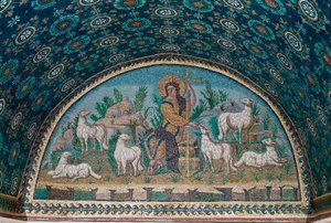 良い牧師さんです。ガラ・プラシディア廟の入口扉上のベゼルのモザイク、c.425（モザイク画 作： Paleo Christian