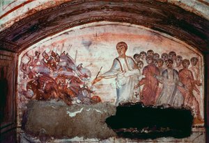 パレオクレティア美術（古代ローマの時代）。紅海の通過。ローマのヴィアラティーナのカタコンベのフレスコ画。4世紀- パレオクレチア美術（古代ローマの時代）：紅海の通過。ヴィア・ラティーナのカタコンベのフレスコ画。4世紀