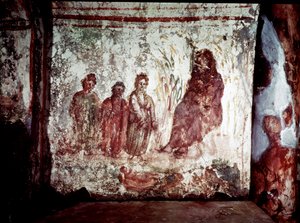 パレオクレティア美術（古代ローマの時代）。モーゼがファラオの娘にナイルの水から救われる。ローマのヴィア・ラティーナのカタコンベのフレスコ画。4世紀- 初期キリスト教美術。水から救い出されたモーゼ。フレスコ画、紀元後4世紀。カタコンベ 作： Paleo Christian