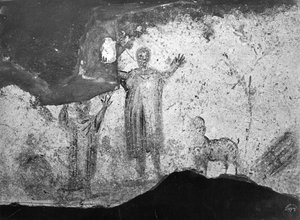 アブラハムの犠牲」（フレスコ画）（モノクロ写真 作： Paleo Christian