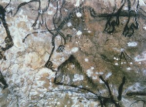 負傷した雄牛、岩絵、マグダレニアン (洞窟壁画) 作： Paleolithic Paleolithic