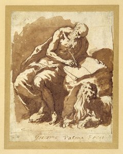 岩の上に座って書き物をしている聖ジェローム（紙に水彩、ペン＆インク 作： Palma Il Giovane