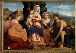 聖カタリナと聖セレスティン（左）、洗礼者ヨハネとバルバラ（右）と子連れの聖母（絵画