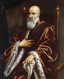 レッドベルベットのマントを着た、4分の3の長さのヴェネツィア上院議員の肖像画。 作： Palma Il Giovane