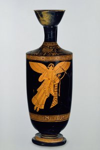 ゲラで発見された翼のあるナイキの像で飾られた屋根裏の赤像のレキトス、c.490-80BC（セラミック） 作： Pan Painter