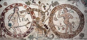 アダムとイブの誘惑 司祭でありモザイク画家であったパンタレオーネのモザイク。1163-1166.イタリア、オトラント（オトラント）のカテドラーレの中央身廊 作： Pantaleon Pantaleon
