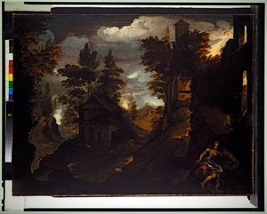 岩だらけの森の中、廃墟の建物のそばにいるニンフとサテュロス。 作： Paolo (1540 96) Fiammingo