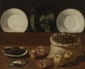 皿のある静物、オリーブ、ゲーム、ザクロ、カリンが入った袋 作： Paolo Antonio Barbieri