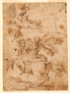 ひげを生やした男の頭、馬に乗った男 作： Paolo Emilio Besenzi