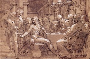 聖グレゴリーの晩餐、Paolo Farinati (1524-1606) 作、灰褐色の水彩、ペン、白の芯、黒の鉛筆、イタリア 作： Paolo Farinati