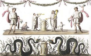 ポンペイの民家の回廊に描かれたフレスコ画（1820年代〜30年代に出版されたジュール・フェラリオ著「Le Costume Ancien et Moderne」より）（カラーリトグラフ
