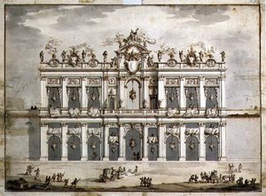 1766年の「フェスタ・デッラ・チネア」のためと思われるファサードのデザイン（ペン、茶インク、紙にウォッシュ） 作： Paolo Posi