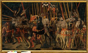 1432年06月02日のフィレンツェ人とシエナ人の間のサン・ロマーノの戦い（ミケレット・ダ・コティニョーラの反撃）。パオロ・ディ・ドーノ・ディ・ウッチェロ（1397-1475）による絵画 1456年 日。1,8x3,2 m パリ、ルーヴル美術館。 作： Paolo Uccello