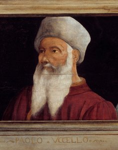 パオロ・ウッチェロと呼ばれるパオロ・ディ・ドーノ（1397-1475）の肖像を中心に、フィレンツェ・ルネッサンスの巨匠の肖像を5点掲載したカッソーネ。下の碑文はおそらく連続したもの。パリ、ルーヴル美術館 - カッソーネの5人の肖像画パネル