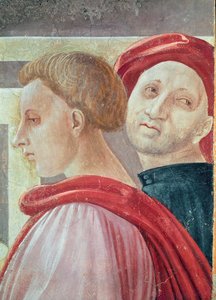 寺院でのマリアの贈与、1433-34（詳細）からの2人の男性の頭 作： Paolo Uccello