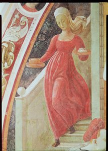 聖母の誕生、階段を降りるメイドの使用人の詳細 作： Paolo Uccello