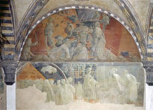 洪水と水の沈下（上部）ノアの犠牲と酔い（下部）ルネット（詳細は123196を参照） 作： Paolo Uccello