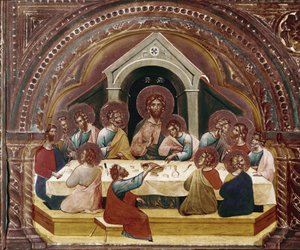最後の晩餐、サンタ・キアラのポリプティックの細部（木部に油彩、1350年頃 作： Paolo Veneziano