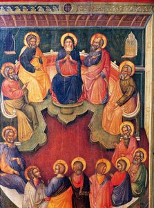 パオロ・ベネツィアーノ（1333年から1358年まで活躍）による12人の使徒またはペンテコステに囲まれた聖母 作： Paolo Veneziano