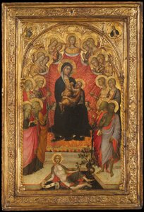 マドンナとチャイルドは、伝道者聖ヨハネ、聖ペテロ、聖アグネス...、c1385-90に即位しました。 作： Paolo di Giovanni Fei