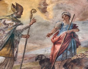 イタリア、タラント、大聖堂のサン・カタルド礼拝堂、丸天井と太鼓に描かれた1714年のパオロ・デ・マッテイ作の聖人の生涯を描いたフレスコ画（写真）。 作： パオロ・ディ・マッテイス