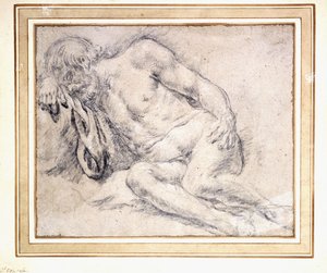 彼の腕で寝ているリクライニングひげを生やした男、 作： Paris Bordone