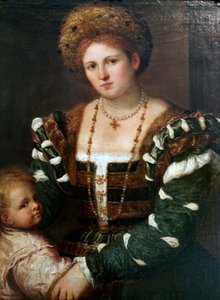 「息子を連れた女性の肖像」、1530年代半ば 作： Paris Bordone