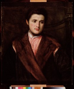毛皮のコートを着た青年の肖像 パリス・ボルドン（1500-1571）の絵画 16世紀 薄暗い 75x64 cm Genes Musei di Strada Nuova (ex Palazzo Rosso)