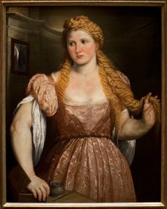 若い女性の肖像。パリス・ボルドーネ（またはボルドーネ）（1495-1571）の絵画、油彩・カンヴァス、1550年頃の作品。イタリア美術（ヴェネツィア 作： Paris Bordone