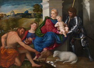 聖母子と洗礼者ヨハネ、マグダラのマリア、ジョージ（おそらく） 1524年頃（油彩・パネル） 作： Paris Bordone