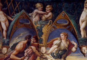 パルミジャニーノ（1503-1540）として知られるフランチェスコ・マッツォーラによる「ディアナとアクタイオンの神話」の詳細（1524年頃）、フレスコ画、イタリア、エミリア＝ロマーニャ州パルマ近郊フォンタネラートのサンヴィターレ岩窟にある「ディアナとアクタイオンの部屋」。 作： Parmigianino