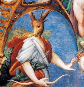 パルミジャニーノ（1503-1540）ことフランチェスコ・マッツォーラによる「ディアナとアクタイオンの神話」からのアクタイオンの牡鹿への変身（1524年頃）、イタリア、エミリア・ロマーニャ州パルマ近郊フォンタネラートのサンヴィターレ岩窟の「ディアナとアクタイオンの間」のフレスコ画。 作： Parmigianino