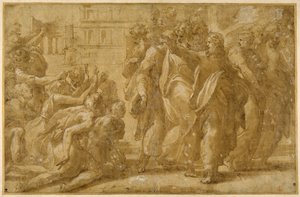 ハンセン病患者を癒すキリストと弟子たち (紙にペン、インク、水彩、ボディカラー) 作： Parmigianino (1503 40)