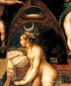 パルミジャニーノとして知られるフランチェスコ・マッツォーラ（1503-1540）の《ディアナとアクタイオン》、詳細。エミリア・ロマーニャ州フォンタネッラートのサン・ヴィターレ要塞。 作： Parmigianino