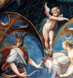 パルミジャニーノ（1503-1540）ことフランチェスコ・マッツォーラによる「ディアナとアクタイオンの神話」（1524年頃）の細部、フレスコ画、イタリア、エミリア・ロマーニャ州パルマ近郊フォンタネラートのサンヴィターレ岩窟の「ディアナとアクタイオンの間」。 作： Parmigianino