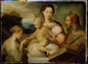 「聖カタリナの神秘的な結婚」 (聖カタリナの神秘的な結婚) シエナの聖カタリナ (1347-1380) と 1368 年のキリストとの神秘的な結婚。 パルミジャニーノまたはル パルメザン (1503 -