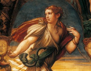 パルミジャニーノことフランチェスコ・マッツォーラ（1503-1540）の「ディアナとアクタイオンの伝説」、フレスコ画、細部、ロッカ・サンヴィターレ、フォンタネラート、エミリア・ロマーニャ州 作： Parmigianino