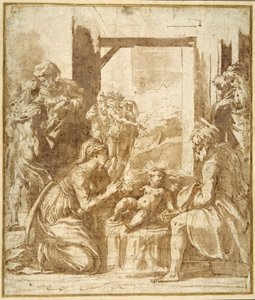 聖誕祭」（白い紙に茶色のウォッシュをかけたペンと茶色のインク 作： Parmigianino