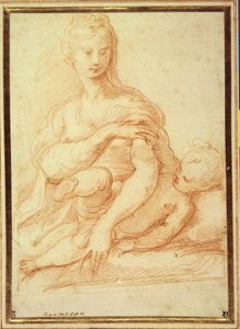 童子を膝に乗せて遊ぶ聖母（白紙に赤チョーク 作： Parmigianino
