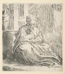聖タイと呼ばれる地面に座る女性 (エッチング) 作： Parmigianino
