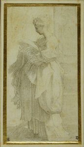 膨らんだドレープを持つ少女の立ち姿（白紙に黒チョーク 作： Parmigianino 